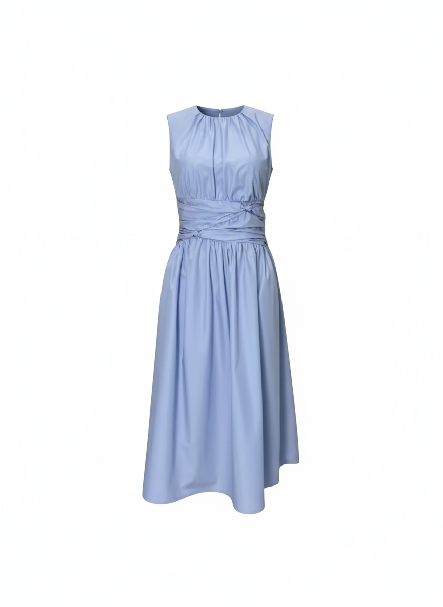 Blue Sleeveless Ruched Waist Midi Dress | L’LUXE Best Dressed Edit