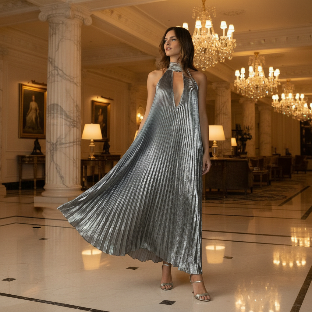silver metallic halter dress Silver Metallic Cowl Halterneck Maxi Dress