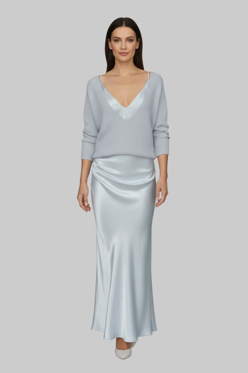 Two-Piece Satin Slip Midi Dress & Knit V-Neck Sweater Set | Curve | L’LUXE Matching Sets