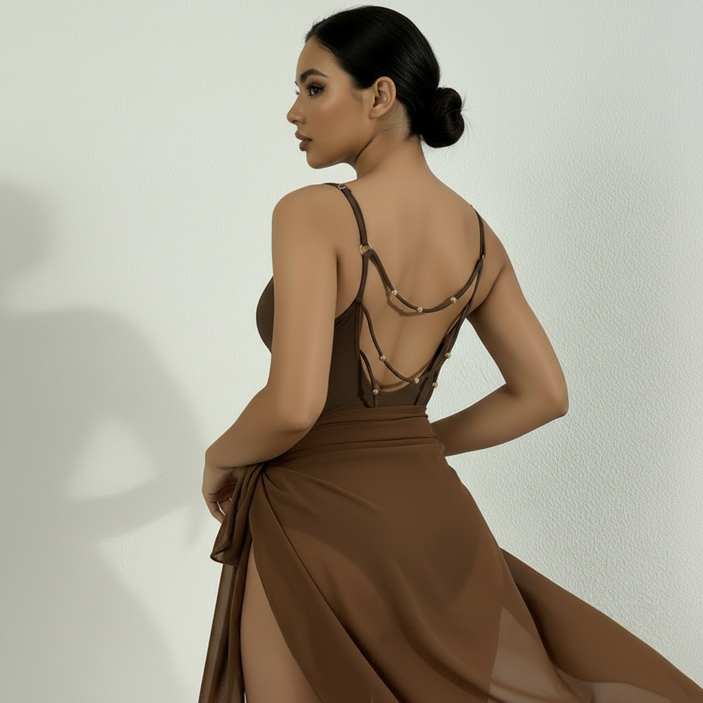 Dark Brown Backless Beaded One-Piece Swimsuit | Curve | L’LUXE Swimwear