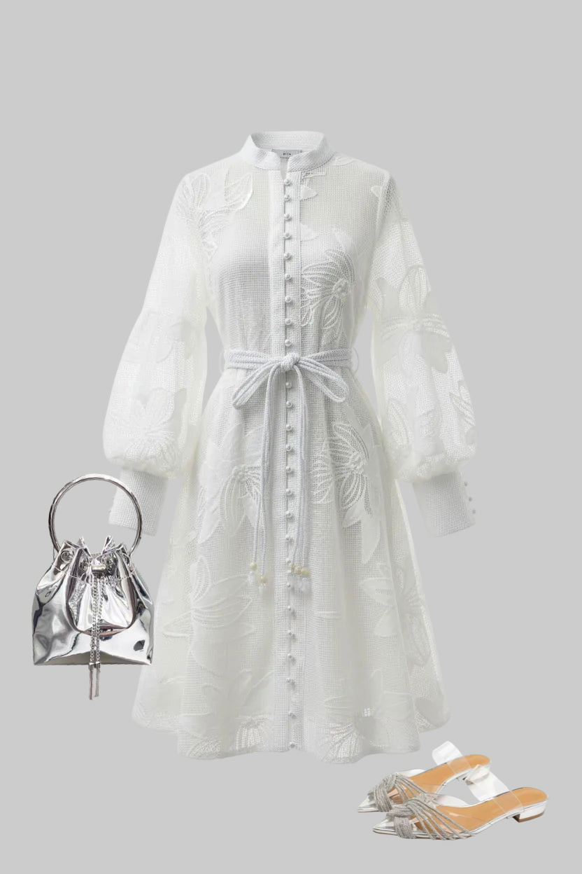 White Embroidered Mesh Dress Long Sleeve Tie Waist Dress | Curve | L’LUXE Dresses