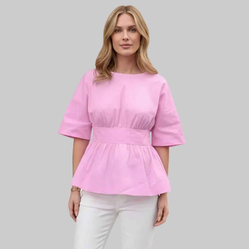 Open-Back Gathered Peplum Top – Short Sleeve Open Back Blouse | L’LUXE Tops