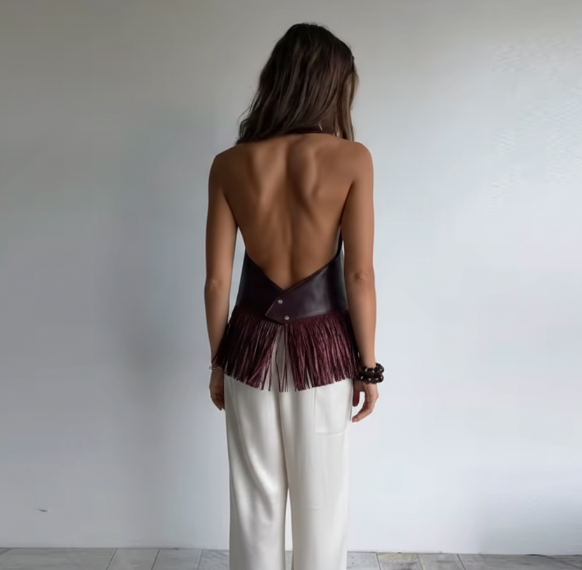 Fringe Hem Halter Top – Sleeveless Backless Statement Tank | L’LUXE Tops