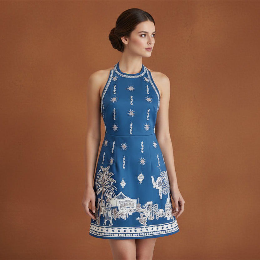 Acacia Backless Blue Linen Print Halter Neck Mini Dress | L’LUXE Luxury Edit