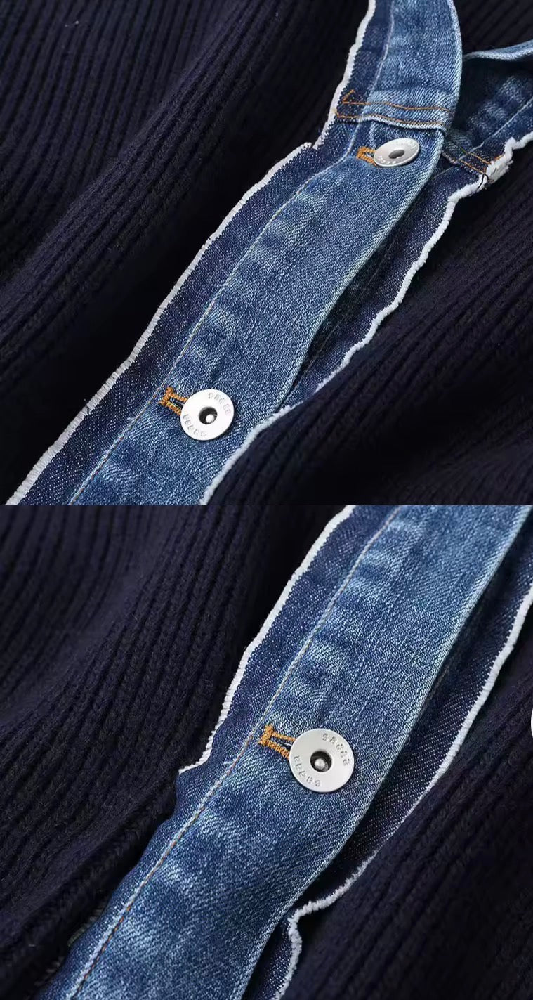 Ribbed Knit Denim Polo Collar Cardigan Jacket | L’LUXE Coats & Jackets