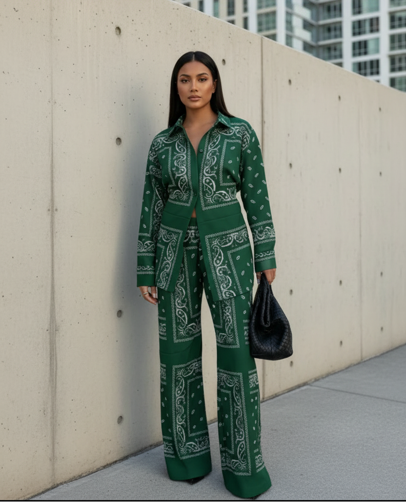 Bandanna Inspired Emerald Green Paisley Print Set | L’LUXE Matching Sets