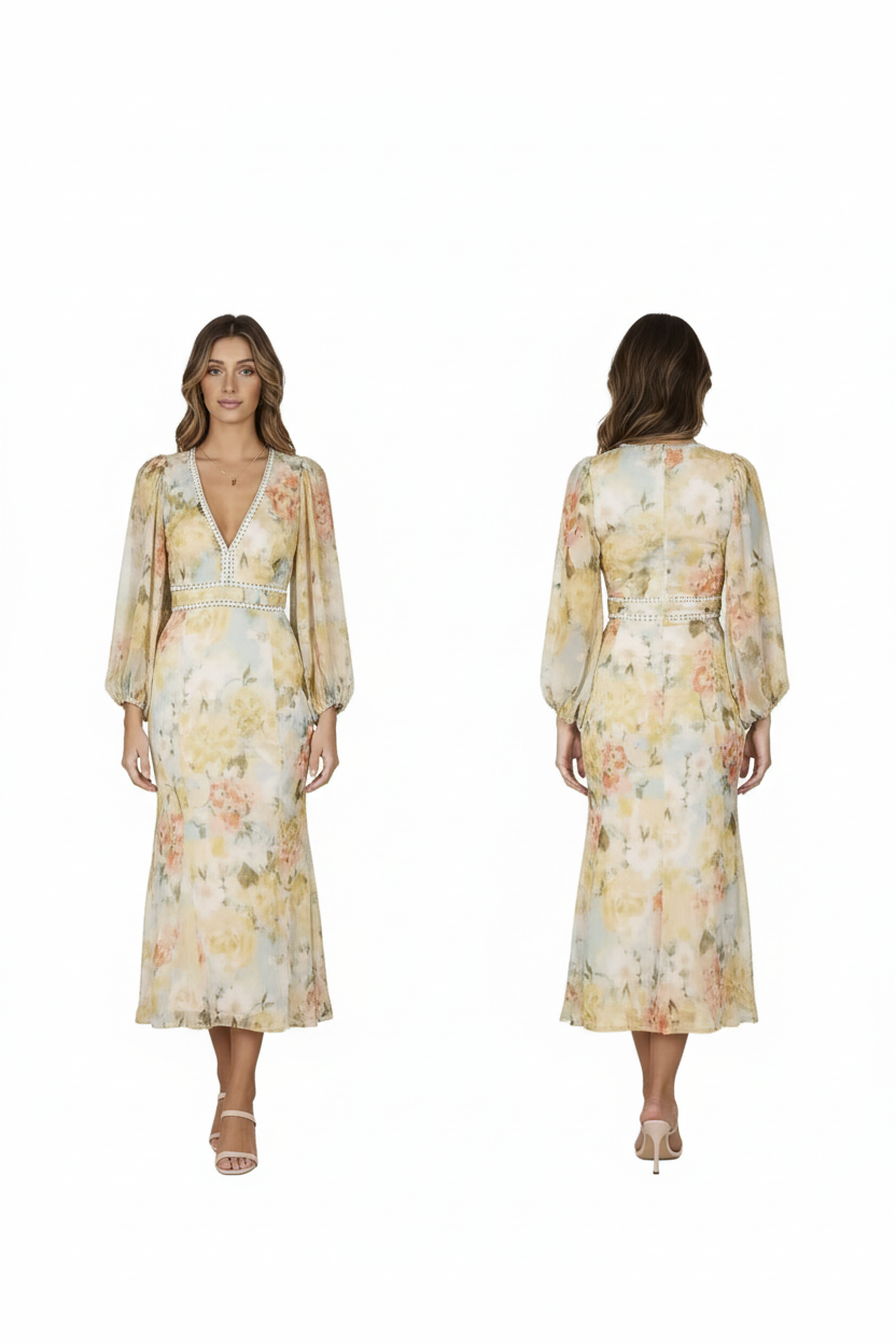 Floral V-Neck Chiffon Midi Dress | L’LUXE Dresses