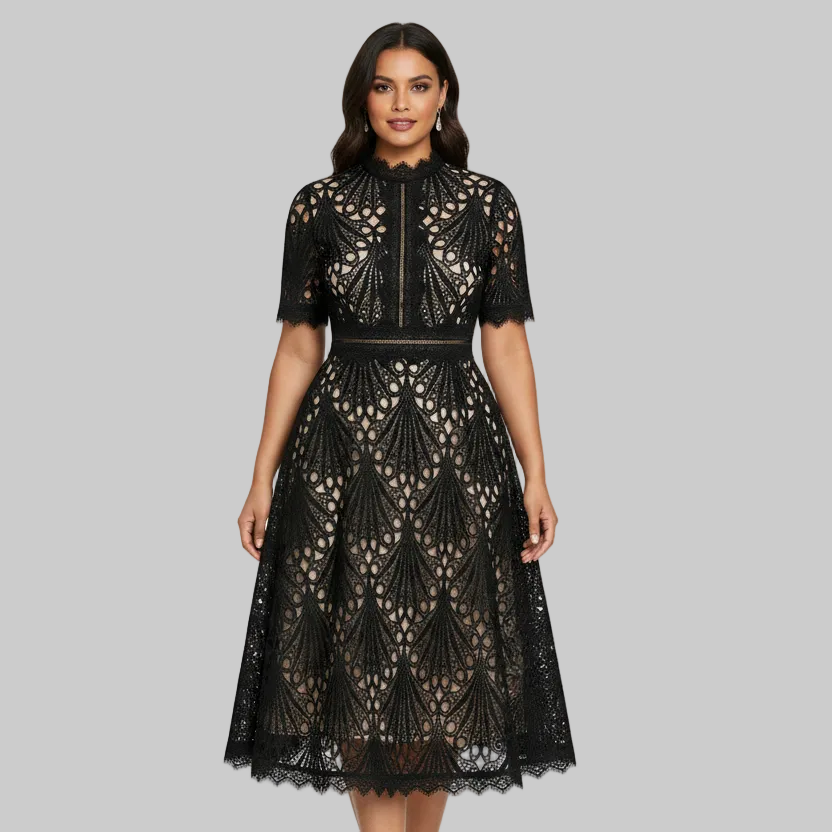 Lace Patchwork Midi Dress – A-Line O-Neck | Curve | L’LUXE Dresses
