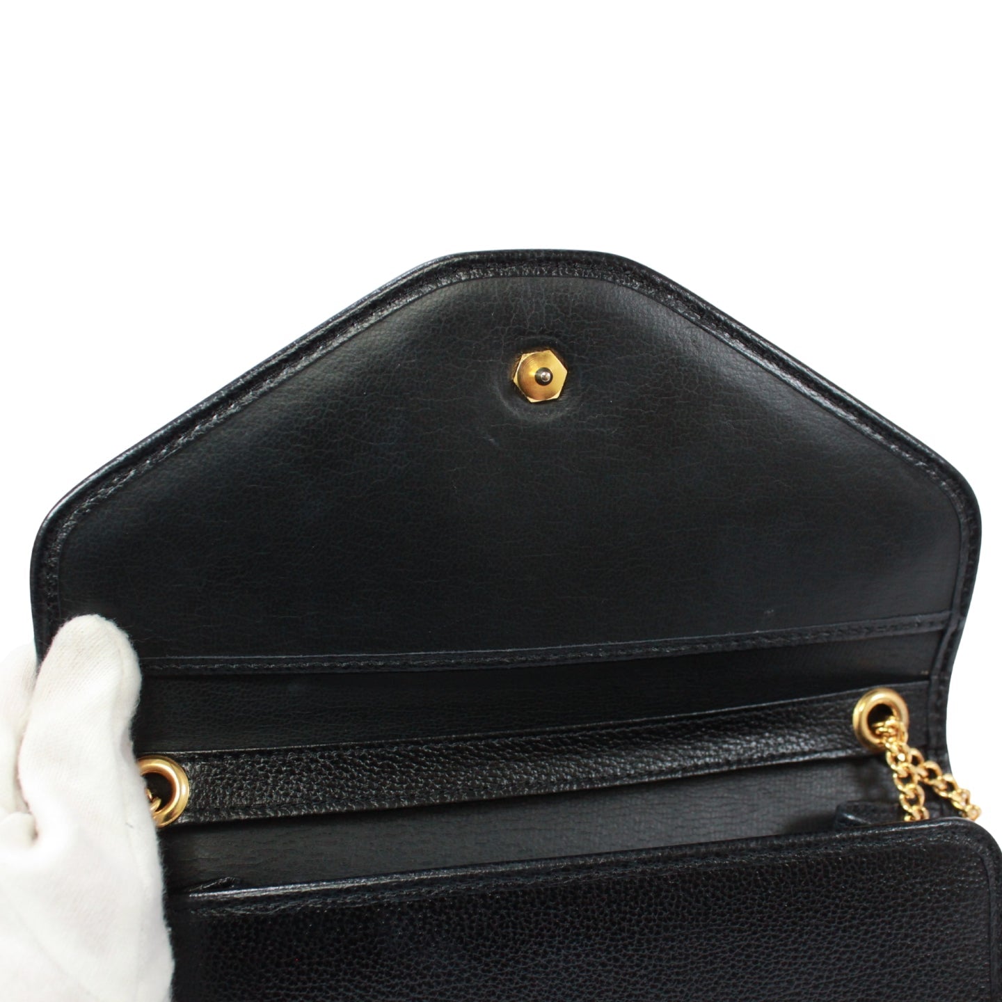 Christian Dior  Black Leather Chain Shoulder Bag – Gold Hardware Envelope Flap – 100% Authentic Previously Owned Very Good Condition | L’LUXE Vintage