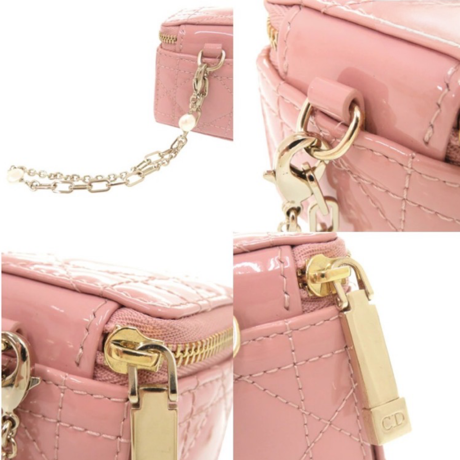 Christian Dior Lady Dior Chain Cube Micro Clutch Pink Patent Leather Previously owned Authentic