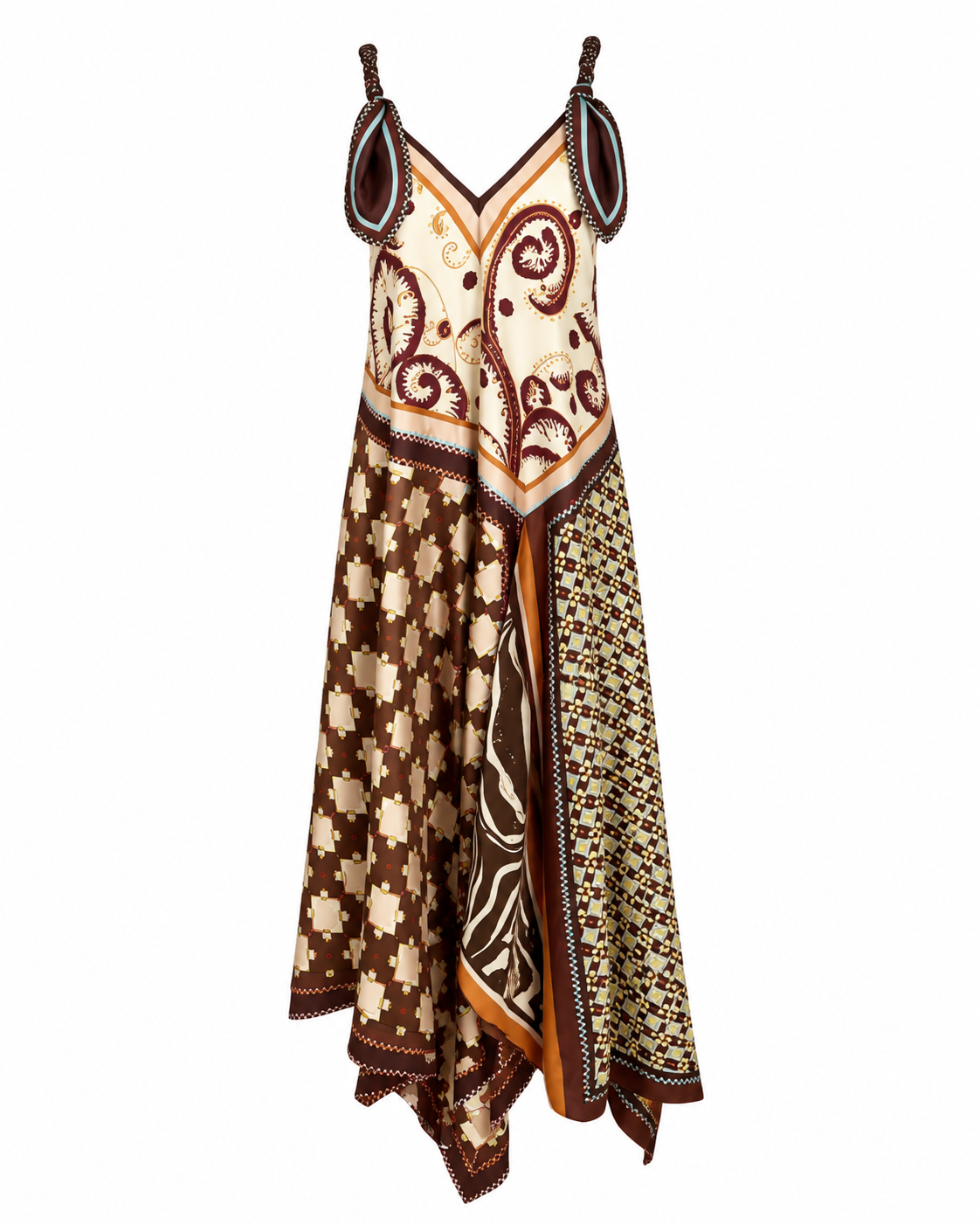 Designer Inspired Patchwork Printed Silk Sling Dress with Adjustable Tie Straps