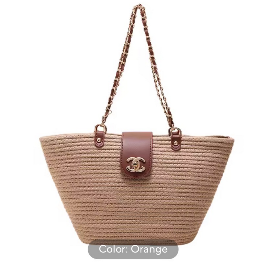 Woven Cotton-Linen Chain Shoulder Tote – Basket Style Large Capacity (Generic)