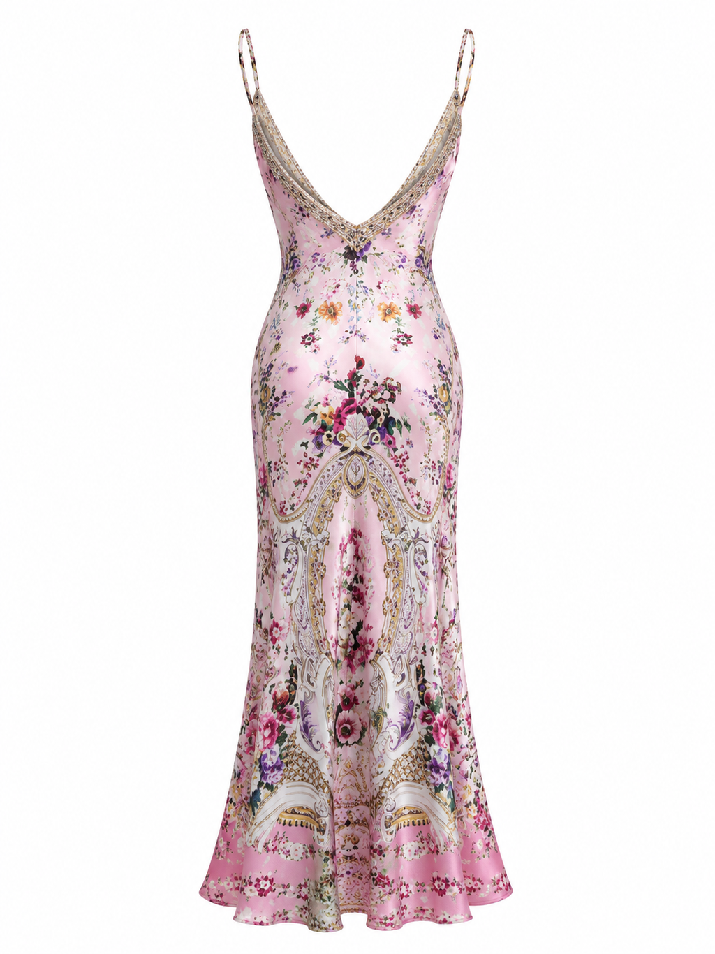 L’LUXE Pink Floral Silk Maxi Dress – Crystal Beaded Backless Evening Gown
