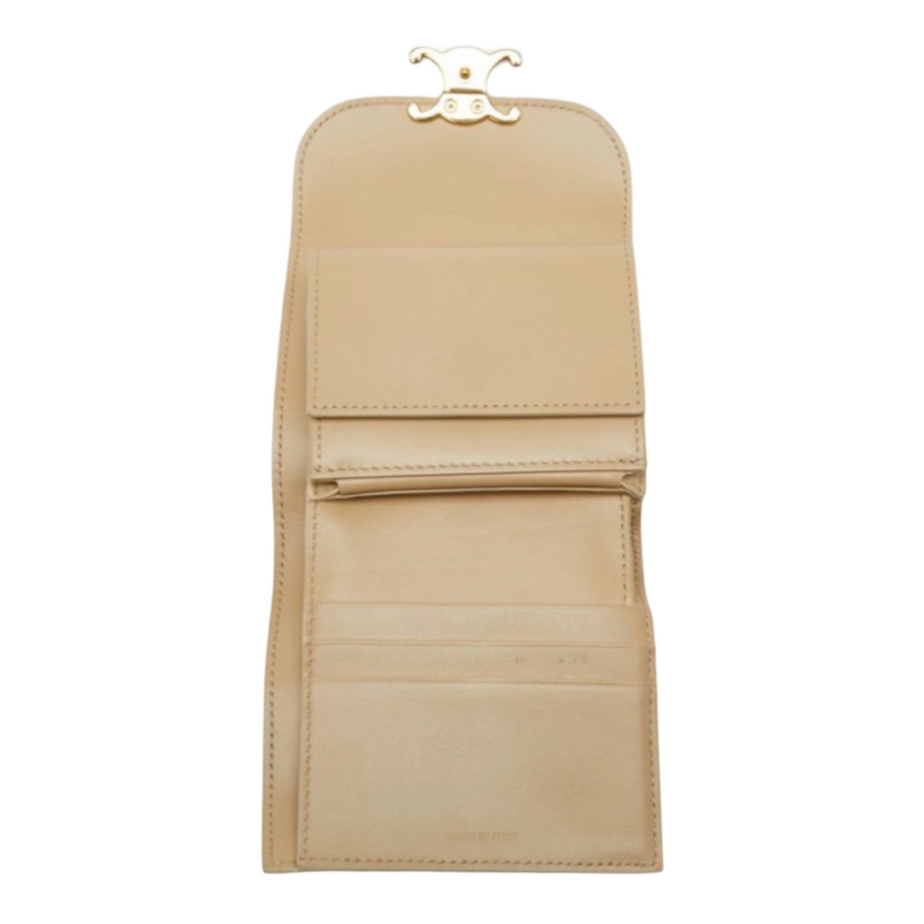 CELINE Triomphe Small Flap Wallet Beige Leather Previously Owned Authentic