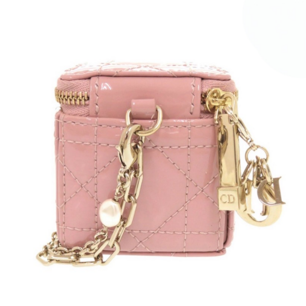 Christian Dior Lady Dior Chain Cube Micro Clutch Pink Patent Leather Previously owned Authentic