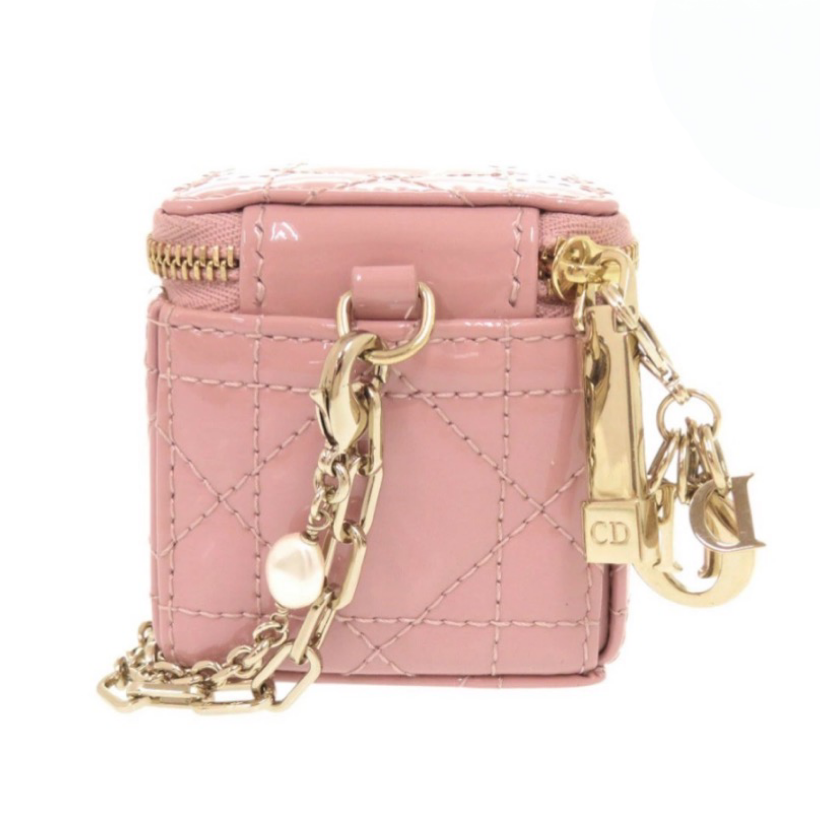 Christian Dior Lady Dior Chain Cube Micro Clutch Pink Patent Leather Previously owned Authentic