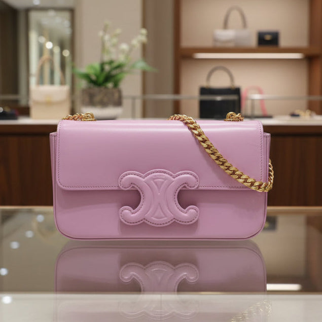 CELINE Triomphe Chain Shoulder Bag Pink Shiny Calfskin | Authentic Previously Owned