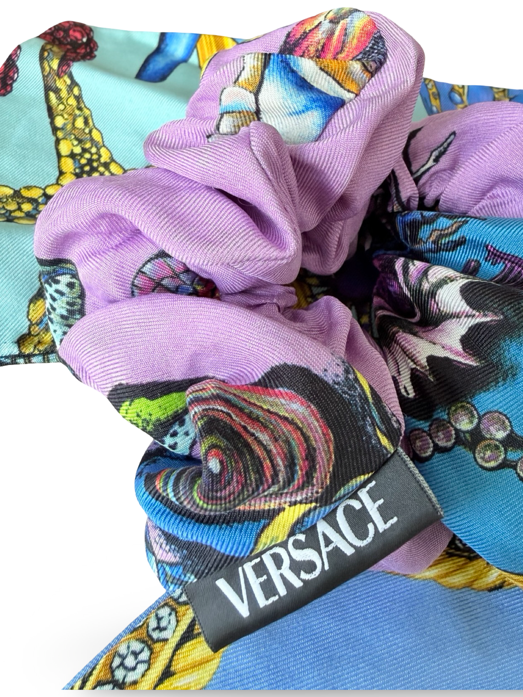 VERSACE – Trésor de la Mer Silk Scrunchie with Long Ribbon – Light Blue, Purple & Multicolor – 100% Silk – Made in Italy – 100% Authentic | Previously Owned