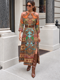 L’LUXE Ornamental Paisley Straight-Fit Maxi Shirt Dress with Tie Belt