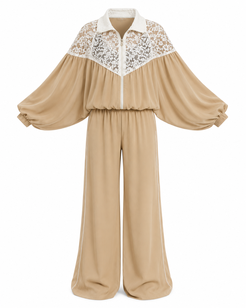 Pre-Order L’LUXE Atelier Lace-Yoke Batwing Jacket & Wide-Leg Pant Matching Co–Ord Outfit-Beige