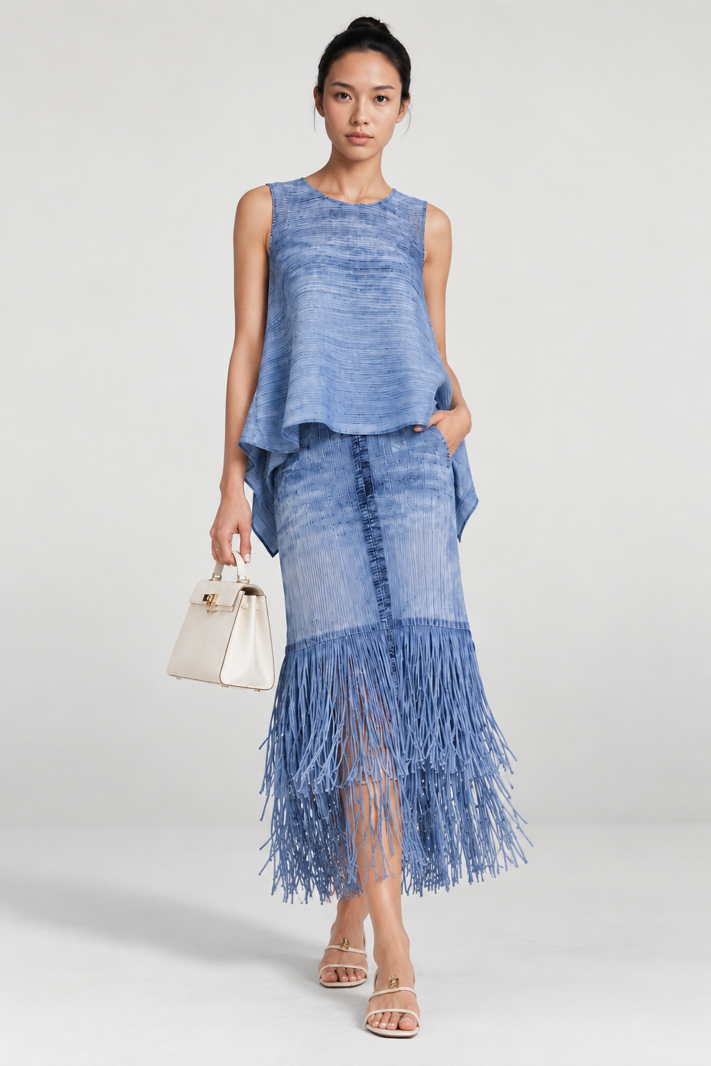 Blue Pleated Fringe Top & Midi Skirt