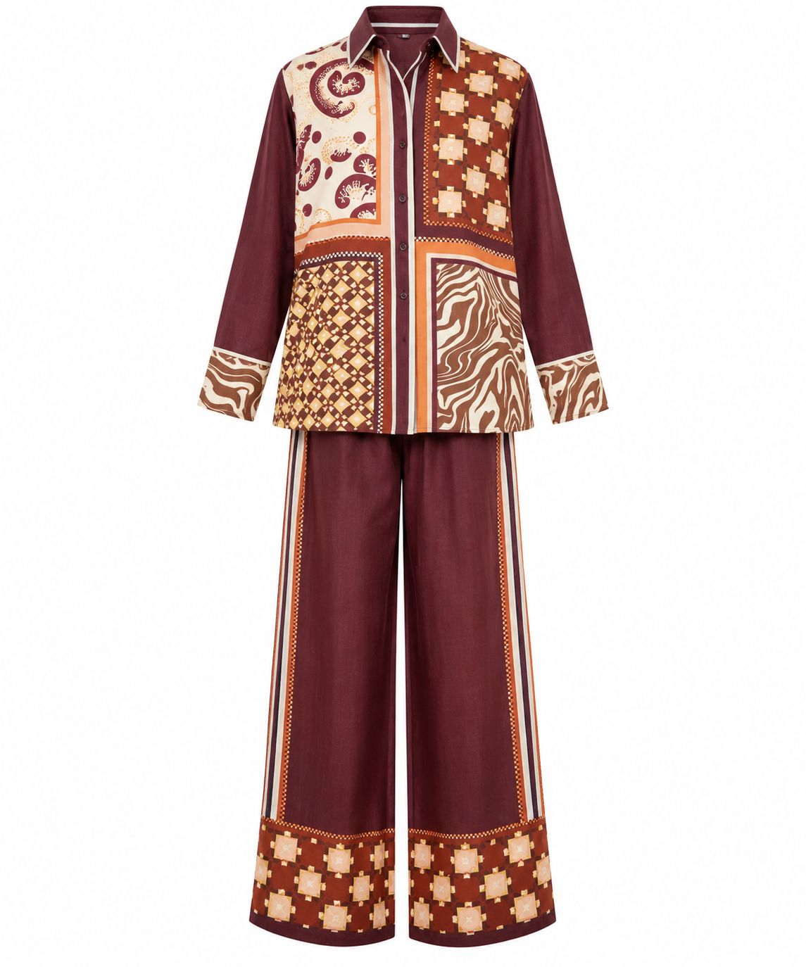 Ensembles coordonnés en soie à imprimé foulard bordeaux | Haut, chemise ou pantalon large | Pièces assorties