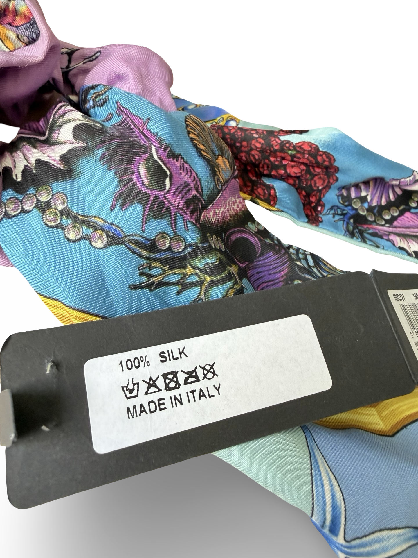 VERSACE – Trésor de la Mer Silk Scrunchie with Long Ribbon – Light Blue, Purple & Multicolor – 100% Silk – Made in Italy – 100% Authentic | Previously Owned