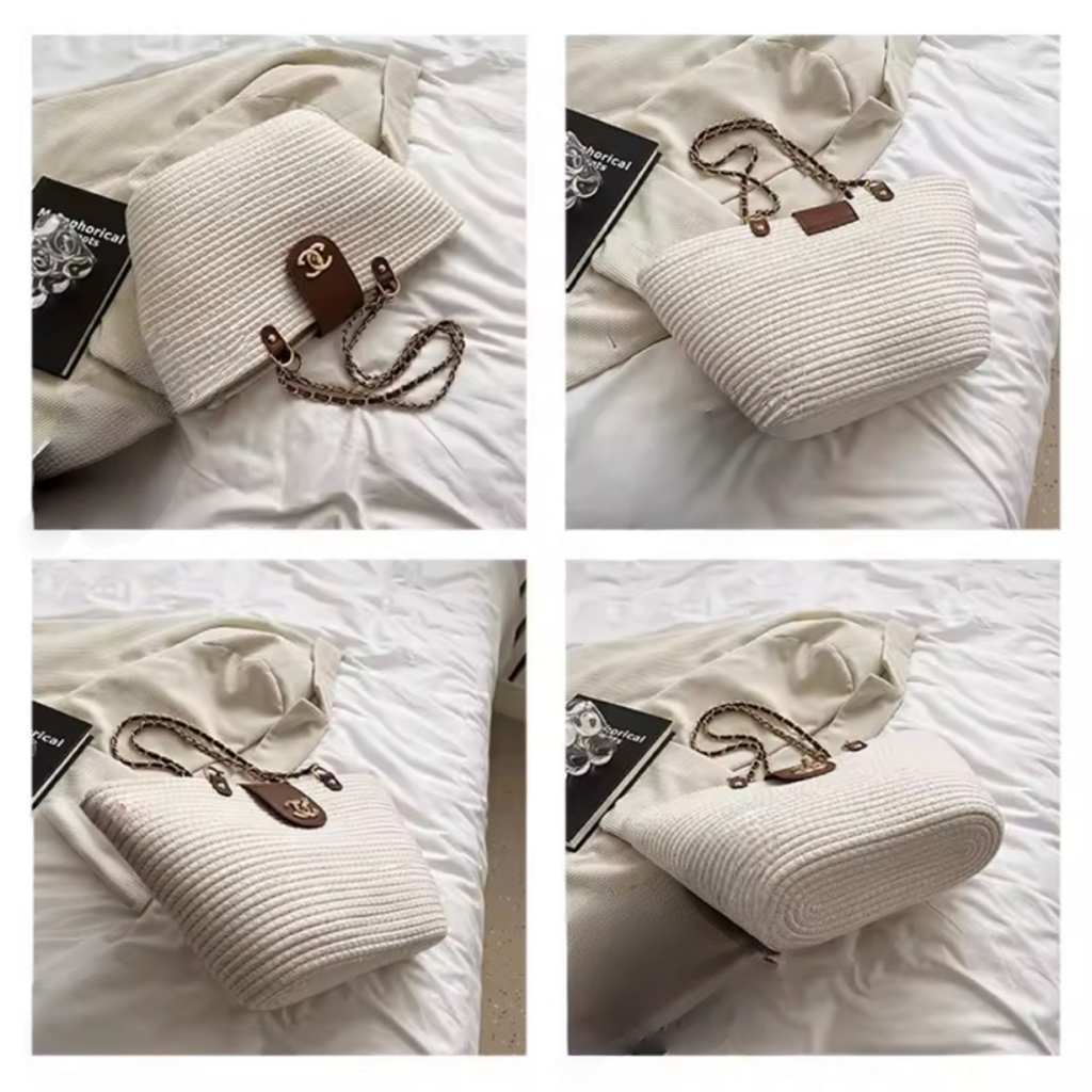 Woven Cotton-Linen Chain Shoulder Tote – Basket Style Large Capacity (Generic)