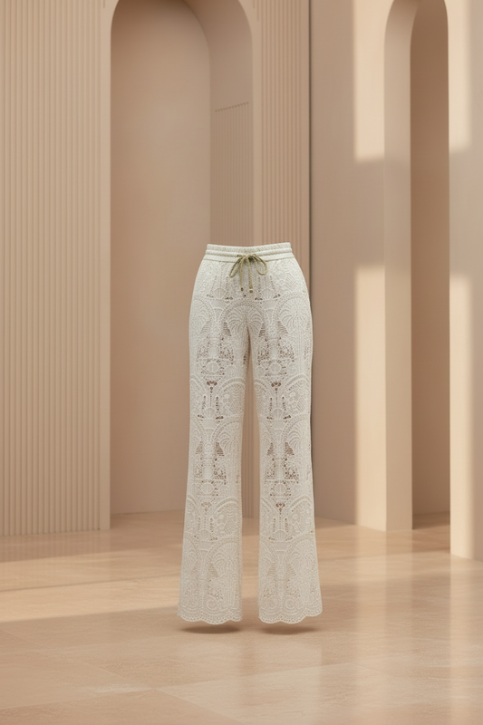 White Floral Embroidered Wide Leg Pants  | L’LUXE Pants