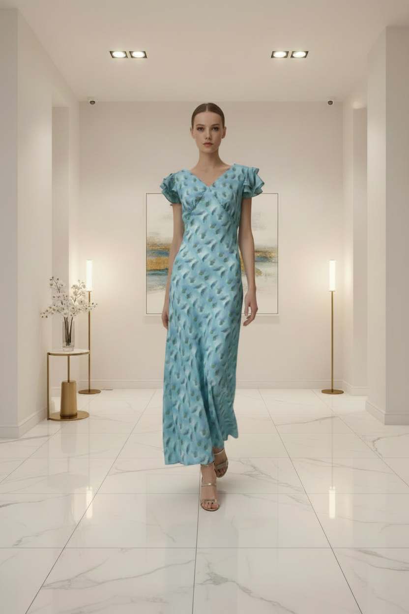 Aqua Feather Print V-Neck A-Line Midi Dress