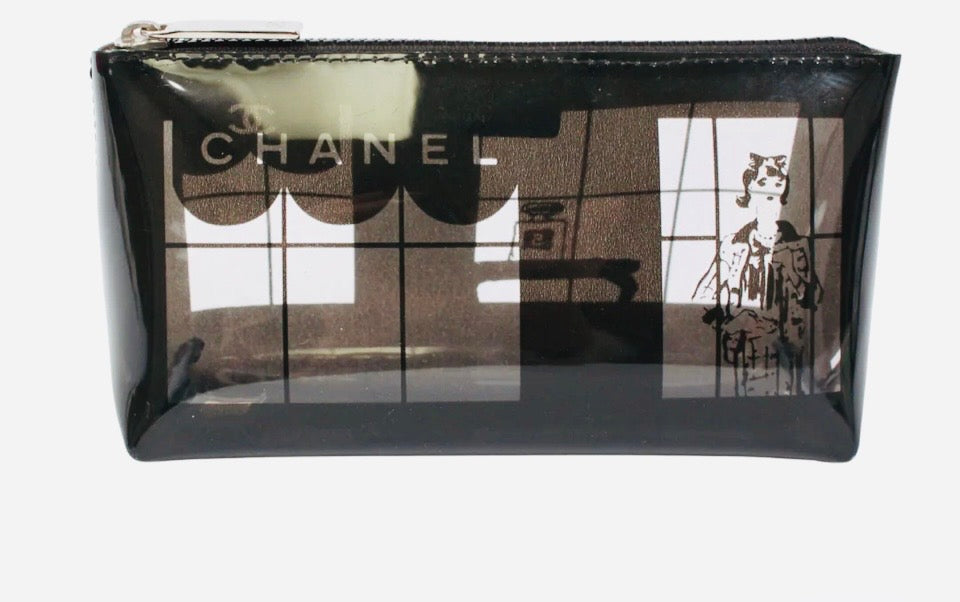 Chanel Windows Line Clear Pouch Black PVC Silver Hardware Previously Owned Authentic