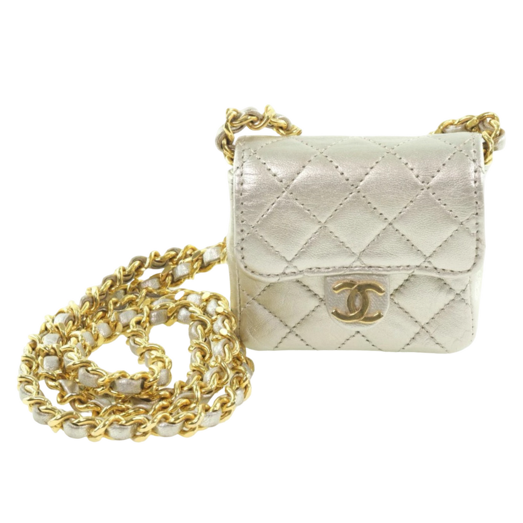 CHANEL Micro Chain Pochette CC Matelassé Calfskin Mini Crossbody Bag Gold Hardware Authentic Previously Owned
