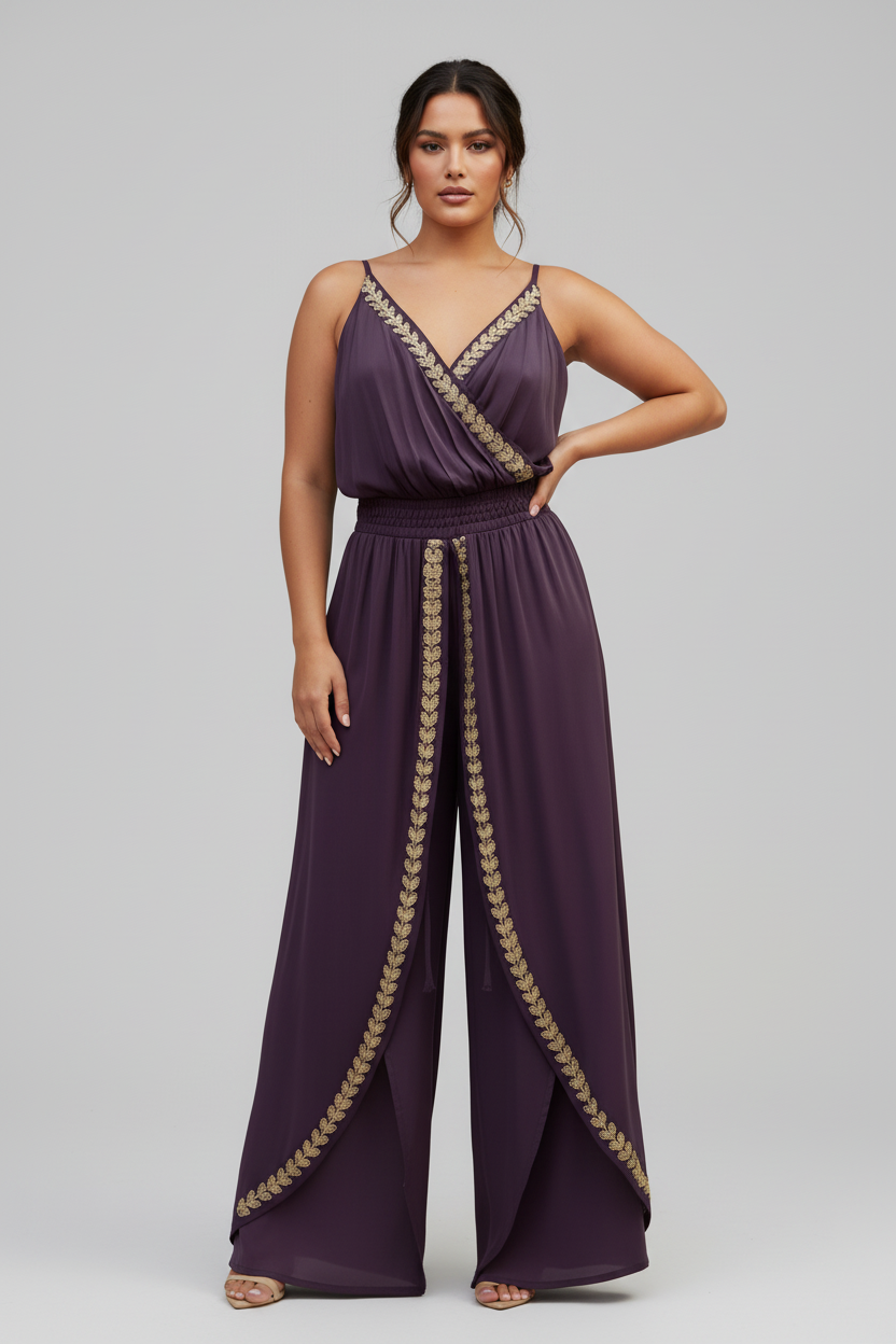 Woman’s Purple Gold-Trim V-Neck Wrap Jumpsuit | Curve  | L’LUXE Jumpsuit’s