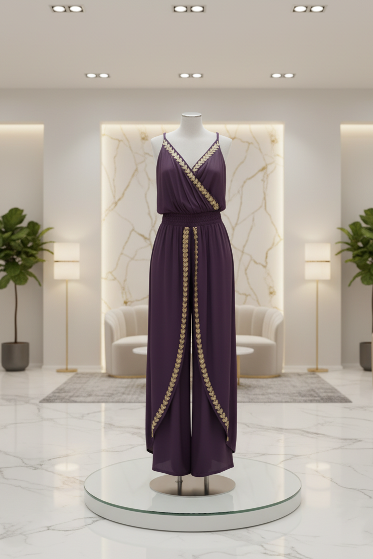 Purple Gold-Trim V-Neck WrapJumpsuit * Last Chance * Ships 1-2 days