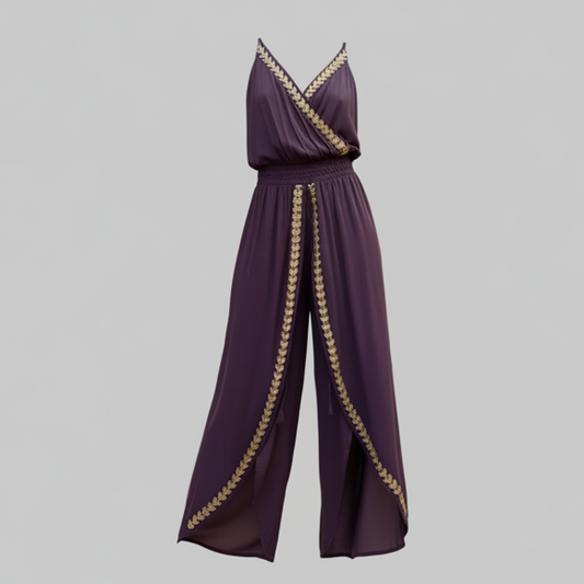 Woman’s Purple Gold-Trim V-Neck Wrap Jumpsuit | Curve  | L’LUXE Jumpsuit’s