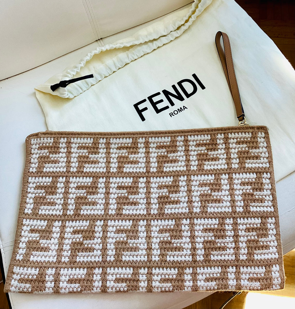 Fendi FF Fabric Flat Pouch Wristlet Cammello Beige & White – Previously Owned Authentic