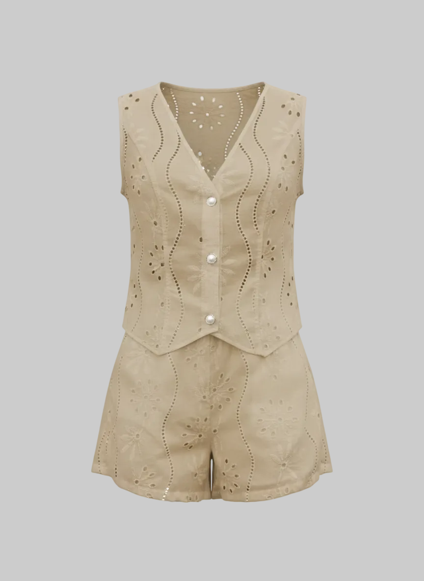 Eyelet Embroidered V-Neck Sleeveless Shorts Two-Piece Set