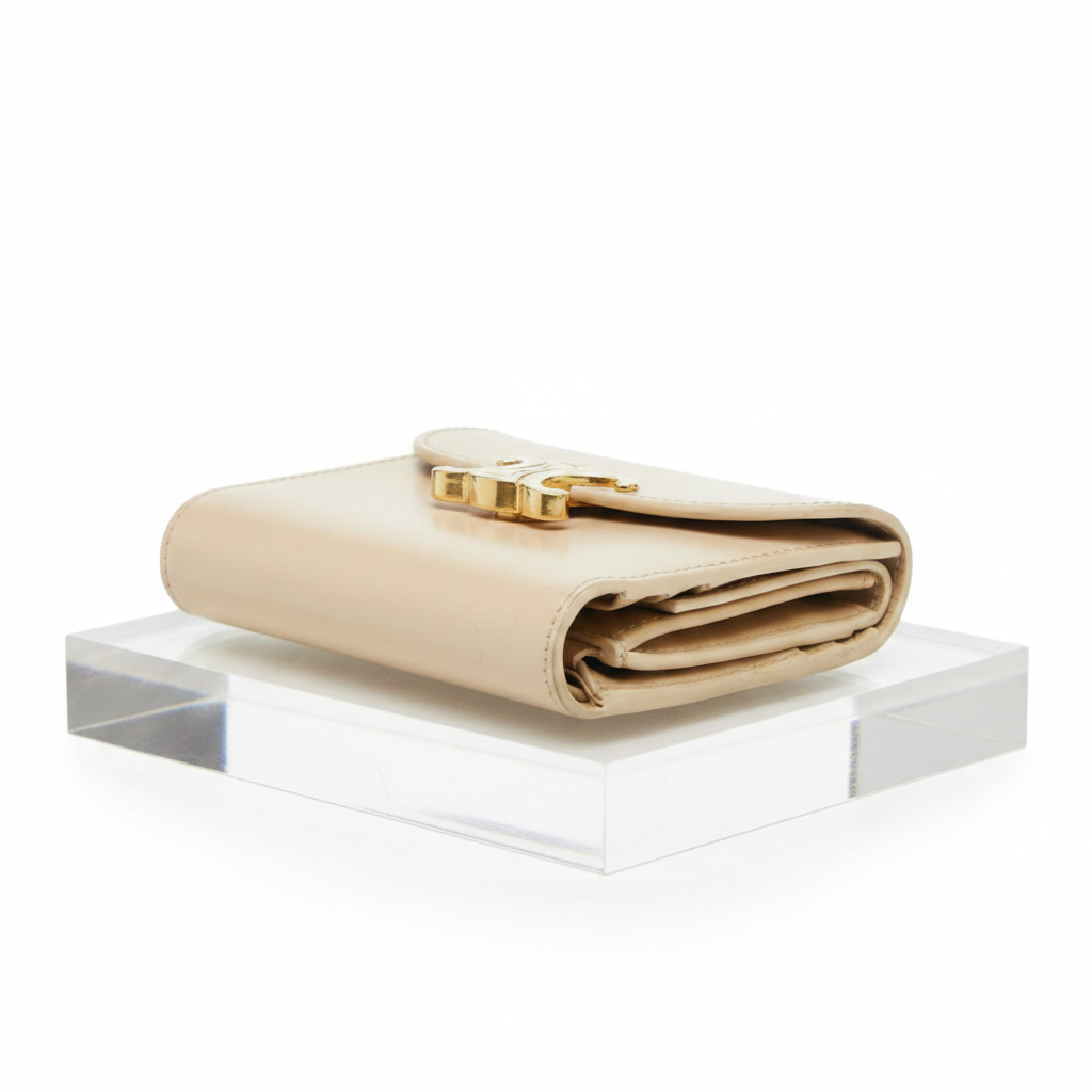 CELINE Triomphe Small Flap Wallet Beige Leather Previously Owned Authentic