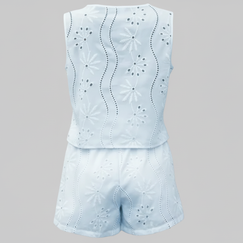 Eyelet Embroidered V-Neck Sleeveless Shorts Summer Two-Piece Set | Curve | L’LUXE Matching Sets