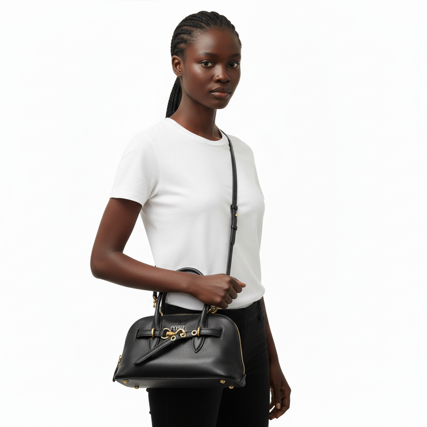 Miu Miu Aventure Top Handle Lambskin Black Gold Hardware 2-Way Shoulder Bag Previously Owned Authentic