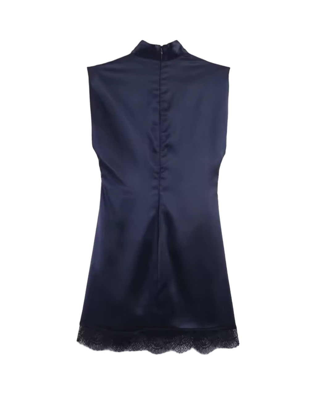 Sleeveless Lace Hem Pleated Mini Dress – Mock Neck Back Zipper Chic Dress