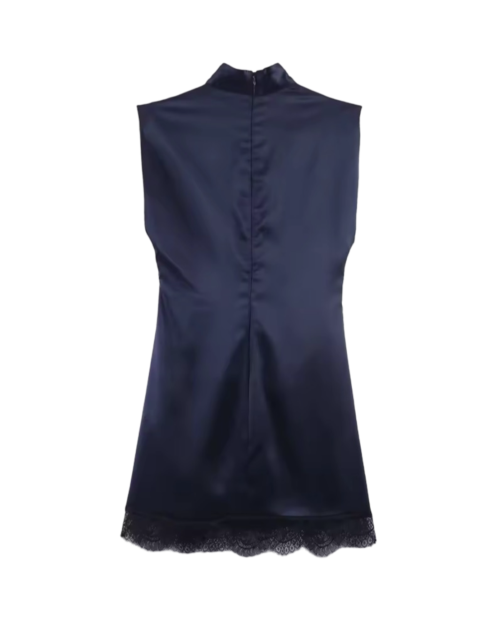 Sleeveless Lace Hem Pleated Mini Dress – Mock Neck Back Zipper Chic Dress