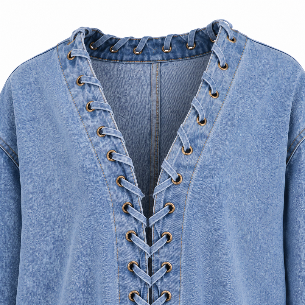 L’LUXE Lace-Up Oversized Denim Jacket – Sky Blue