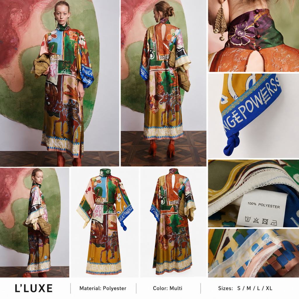 Artistic Print High-Neck Maxi Kaftan Dress