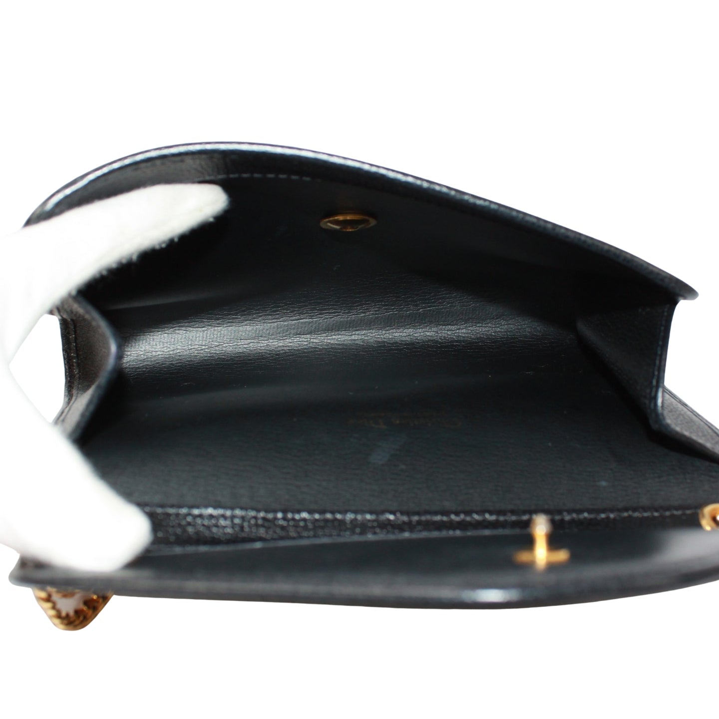 Christian Dior  Black Leather Chain Shoulder Bag – Gold Hardware Envelope Flap – 100% Authentic Previously Owned Very Good Condition | L’LUXE Vintage