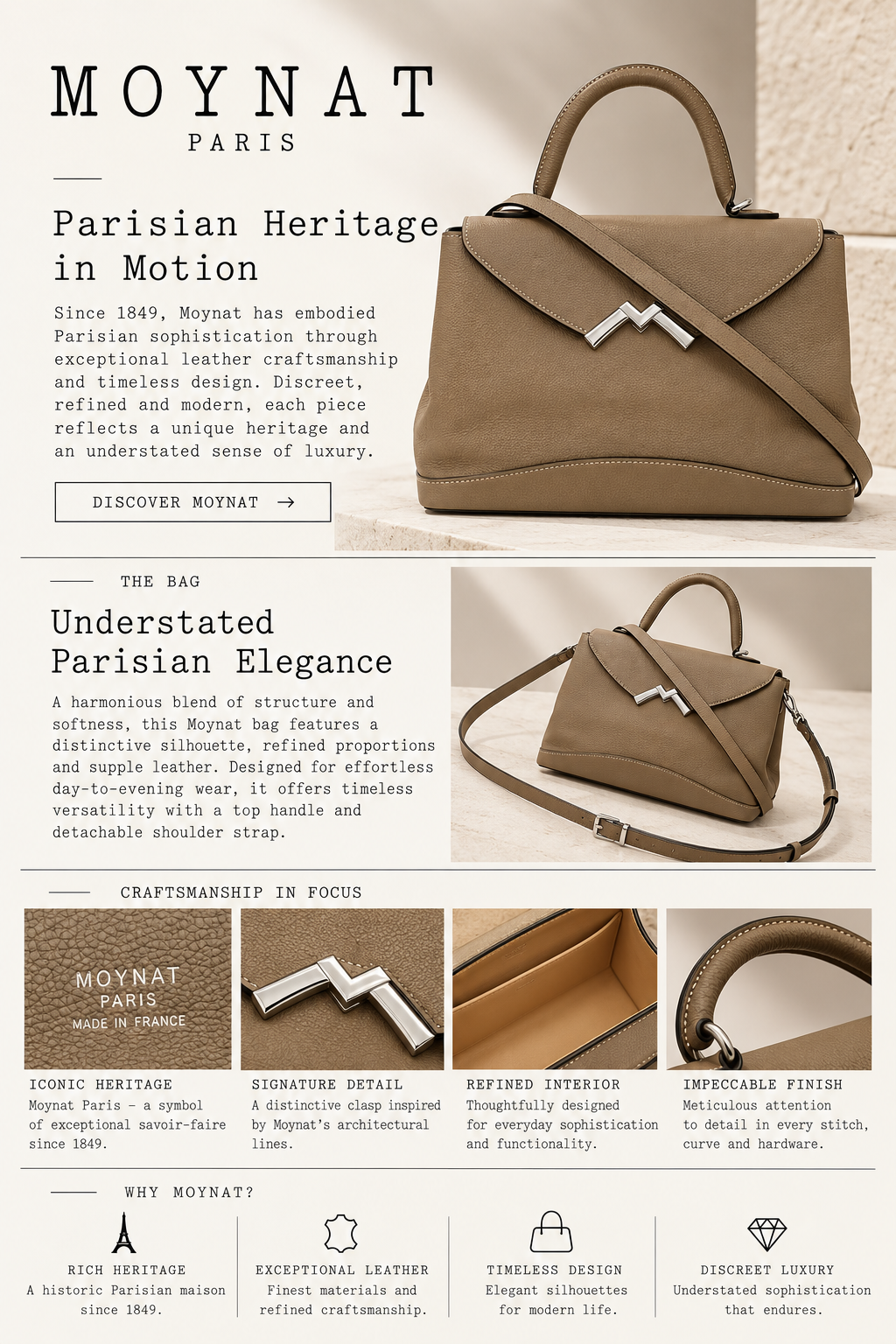 Moynat Gabrielle Taupe Grained Leather 2-Way Handbag – Previously Owned