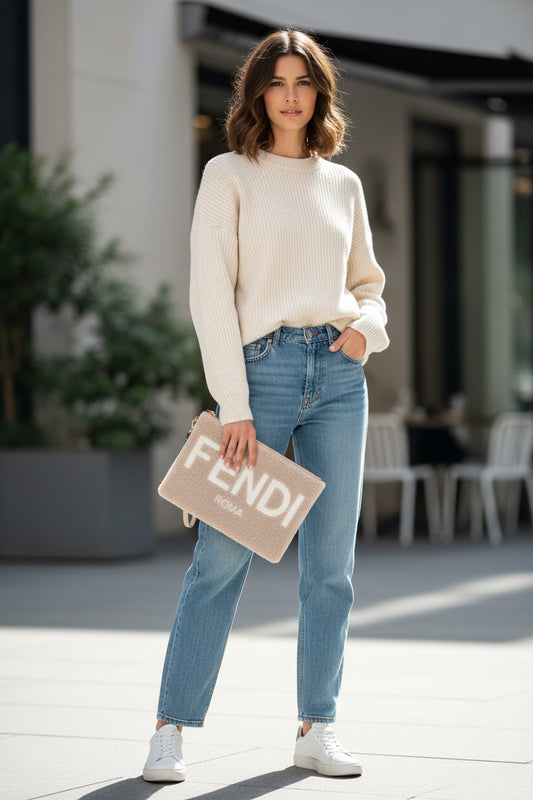 Fendi Mouton Logo Boa Clutch Pouch Beige Shearling – Previously Owned Very Good Condition | L’LUXE Authentic’s