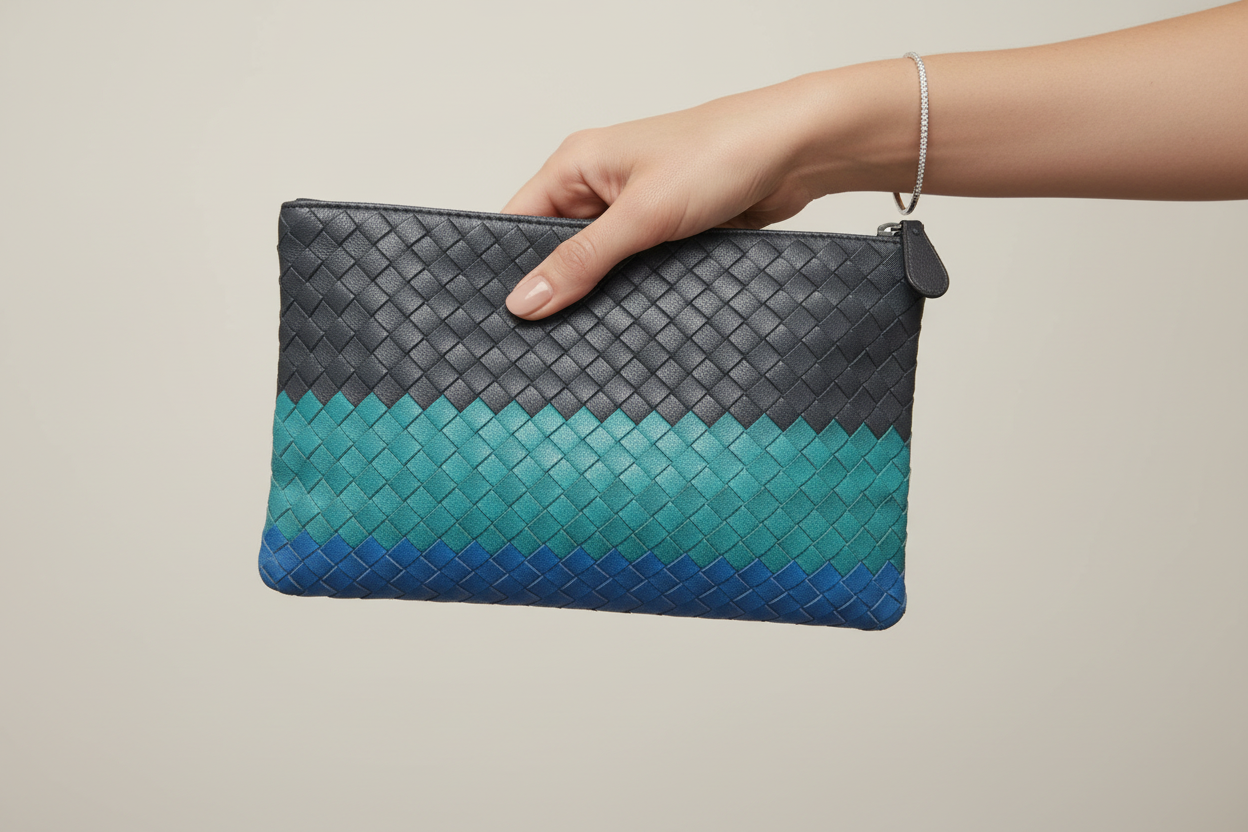 Bottega Veneta Intrecciato Leather Clutch Previously Owned Authentic