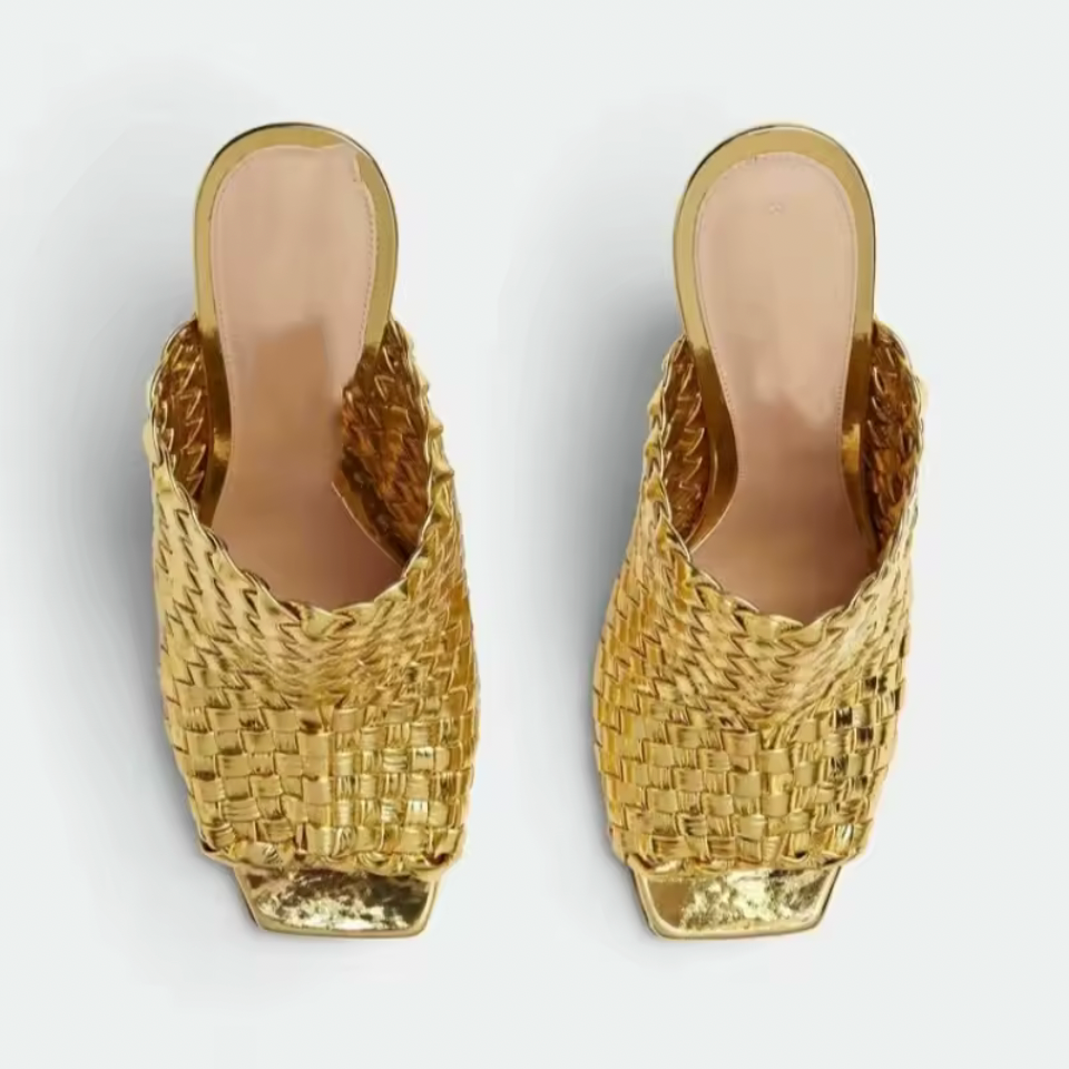 Woven open-toe mule heels