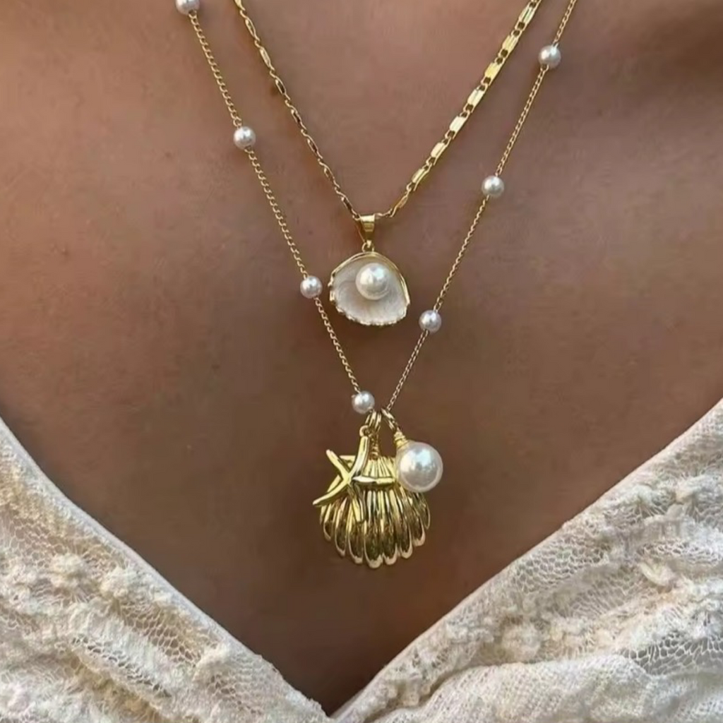 Boho Gold Shell & Starfish Pearl Layered Necklace  | 2-Piece Marine Pendant Necklaces